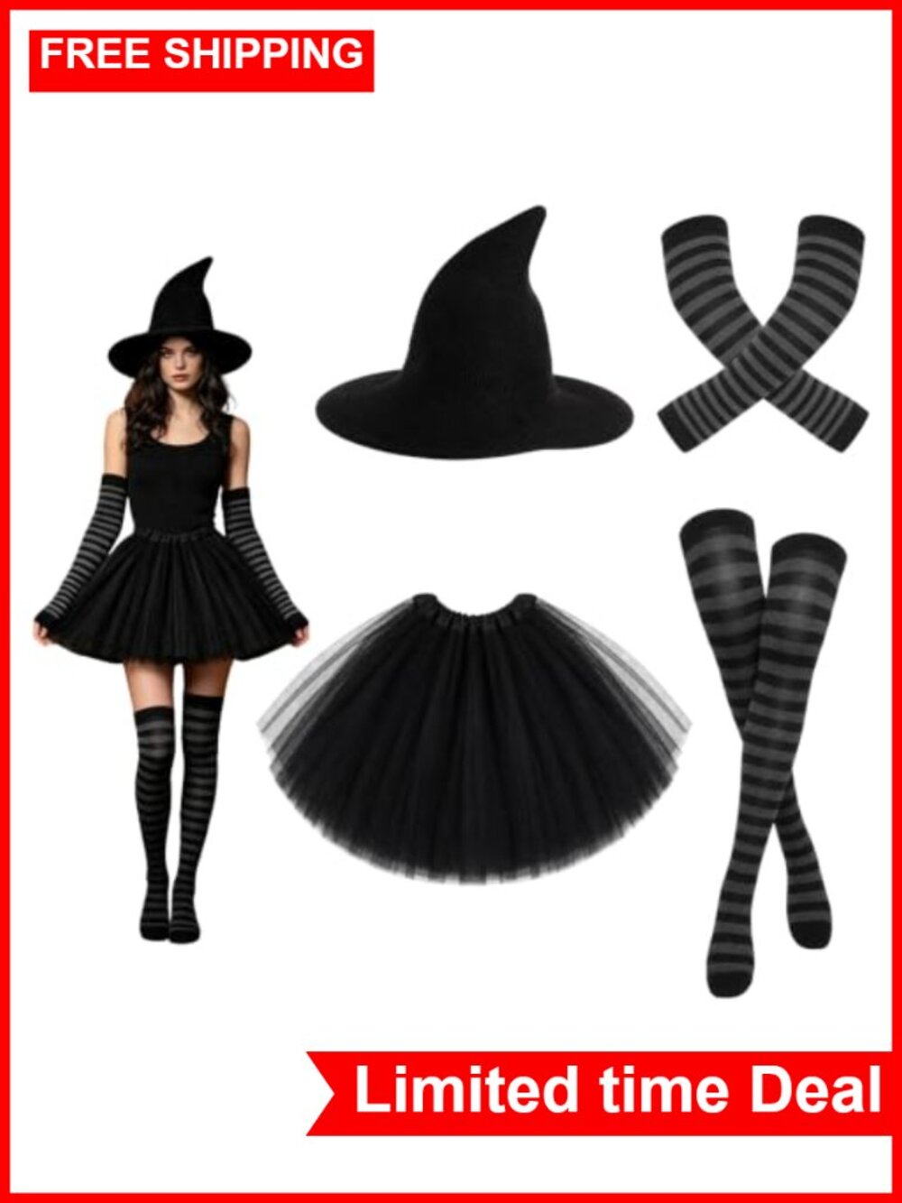 Witch Costume Set Hat Tutu Skirt Striped Gloves Knee High Socks Halloween